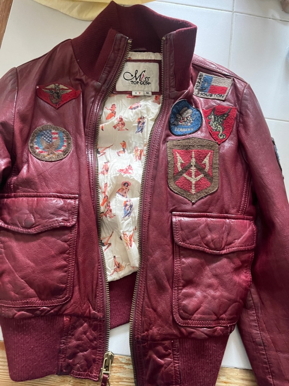 Top Gun Burgundy Leather Bomber Jacket with Patches trendy young girl